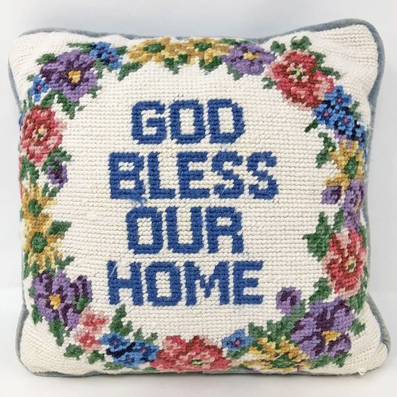 Vintage God Bless Our Home Needle Point Pillow, Mid Century Needle Point - Picture 2 of 9